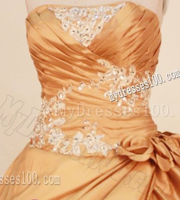 Gold Strapless Appliques Beaded Ruching Flowers Sweet 15 Dresses